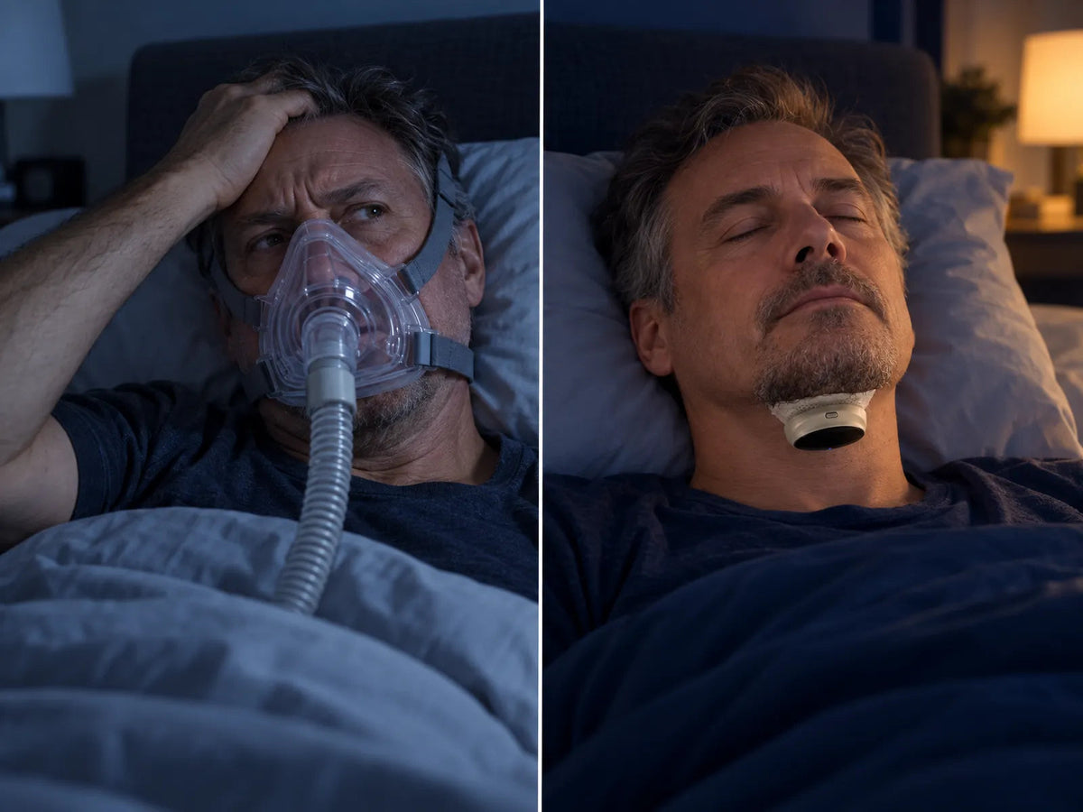 Links een man met een CPAP-masker, rechts dezelfde man slapend met SleepEase