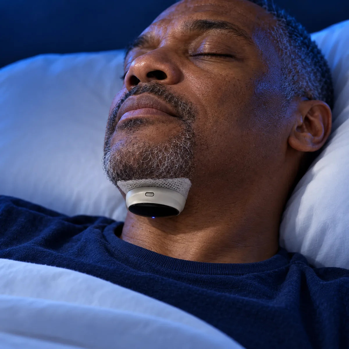 Een slapende man met SleepEase onder zijn kin