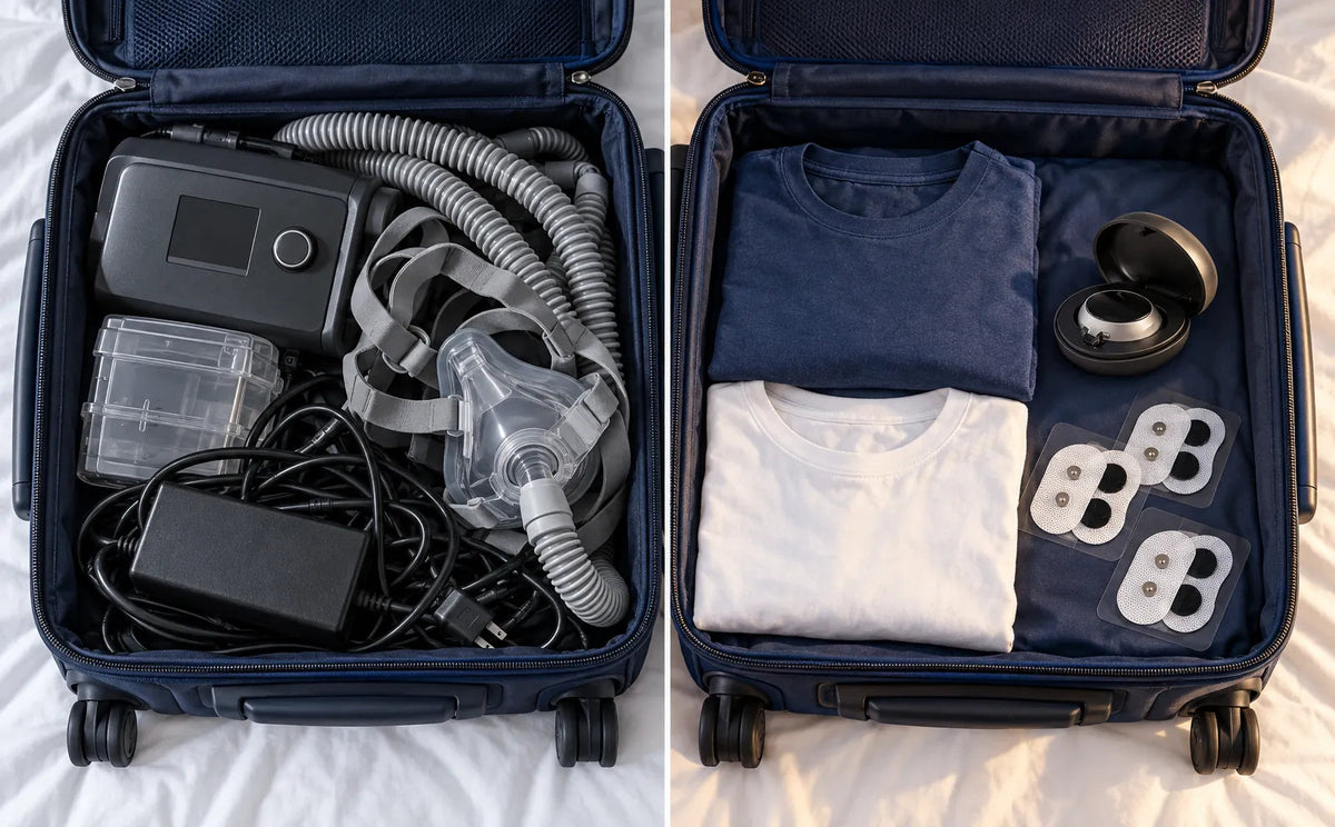Dezelfde handbagage twee keer: vol met een CPAP, en bijna leeg met de kleine SleepEase-case